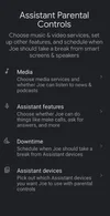 The home screen of Google Assistant parental controls displaying different options, including Media, Assistant features, Downtime and Assistant devices.