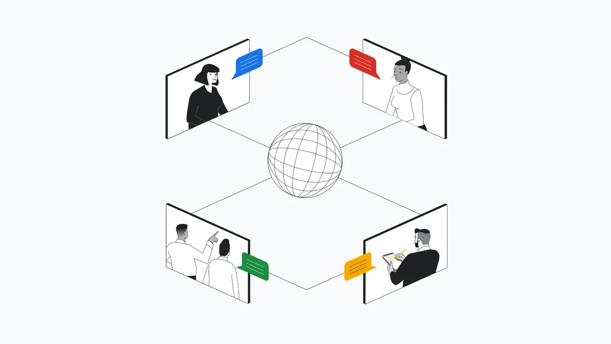 A graphic with sketches of five people in four screen-type boxes representing newsrooms (typing, writing notes, pointing at something). They are surrounding a stylized sketch of a globe.