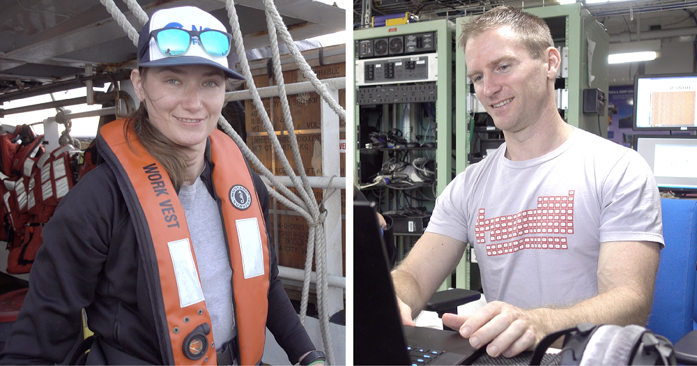 NOAA research oceanographer Ann Allen and Google software engineer Matt Harvey work together to field test the algorithm aboard a research vessel.