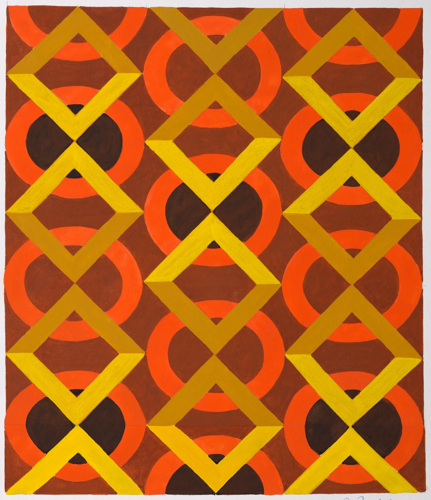 Geometrical design of rows of circles and squares in orange, black and yellow on a dark orange / brown ground.