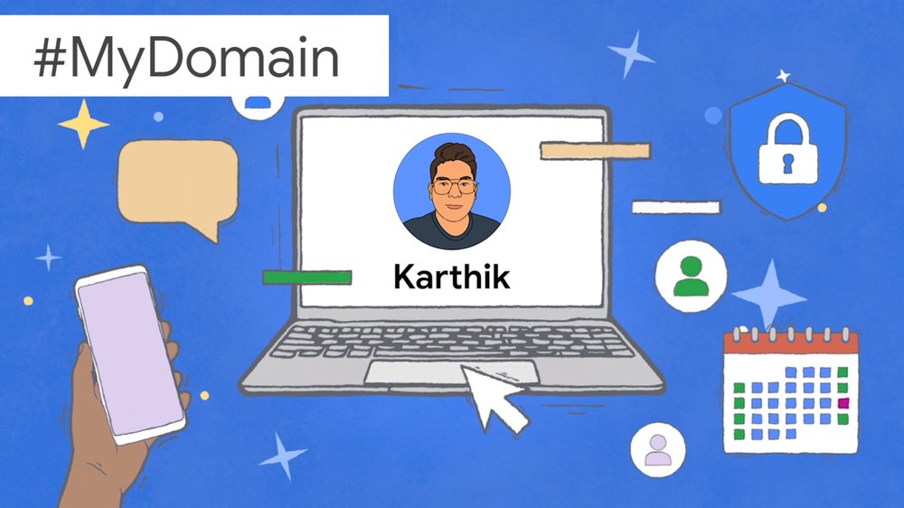 An illustration showing Karthik's name and face on a laptop screen, surrounded by images symbolizing productivity.