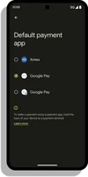 Android phone screen showing the “default payment app” with options for Amex and Google Pay.