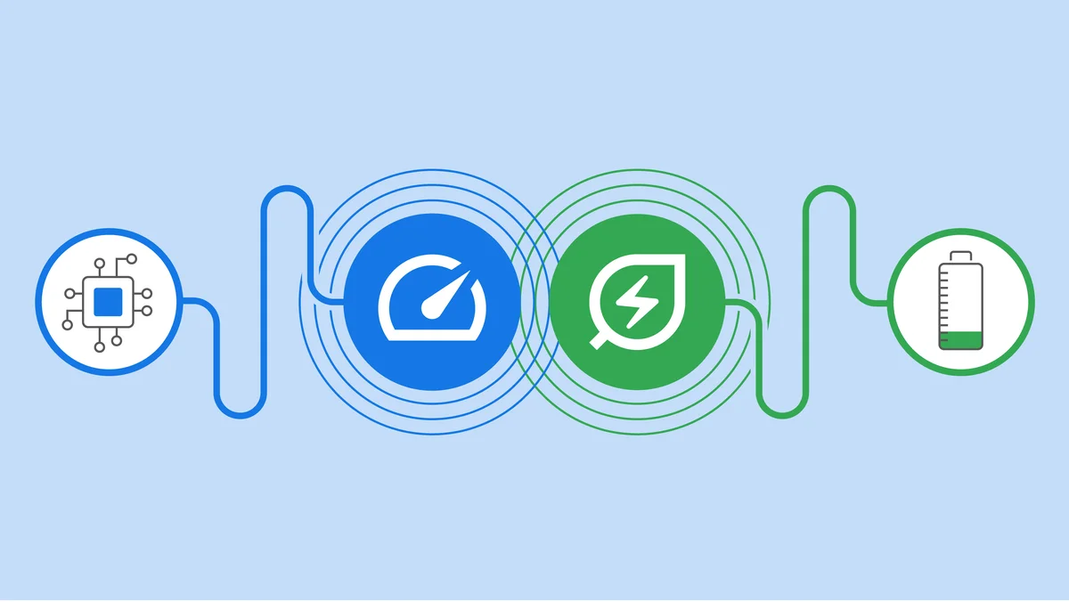 Abstract image of the Memory and Energy Saver mode icons connected to a microchip and a low battery symbol.