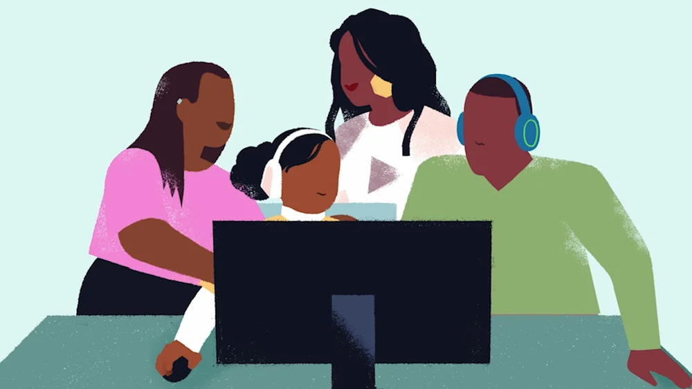 An illustration of four Black people gathering around a computer monitor.