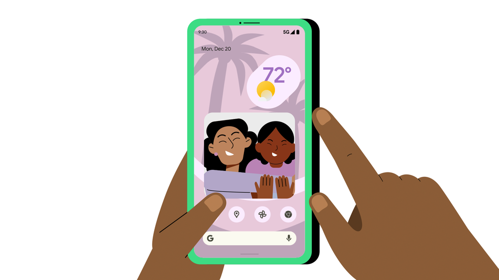 Illustration of an Android Home screen, displaying a large photo of a mother and child from the Google Photos People and Pets widget.