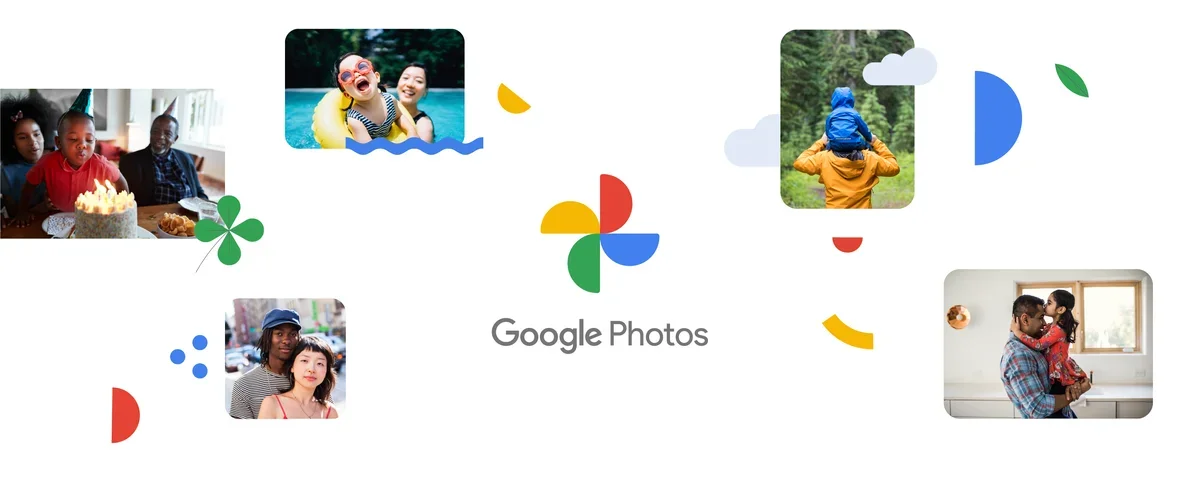 Google フォトのアイコンが真ん中にあり、周りにさまざまな写真がある画像。