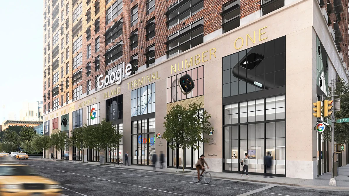 A mockup of the facade of the new Google Store in New York City.