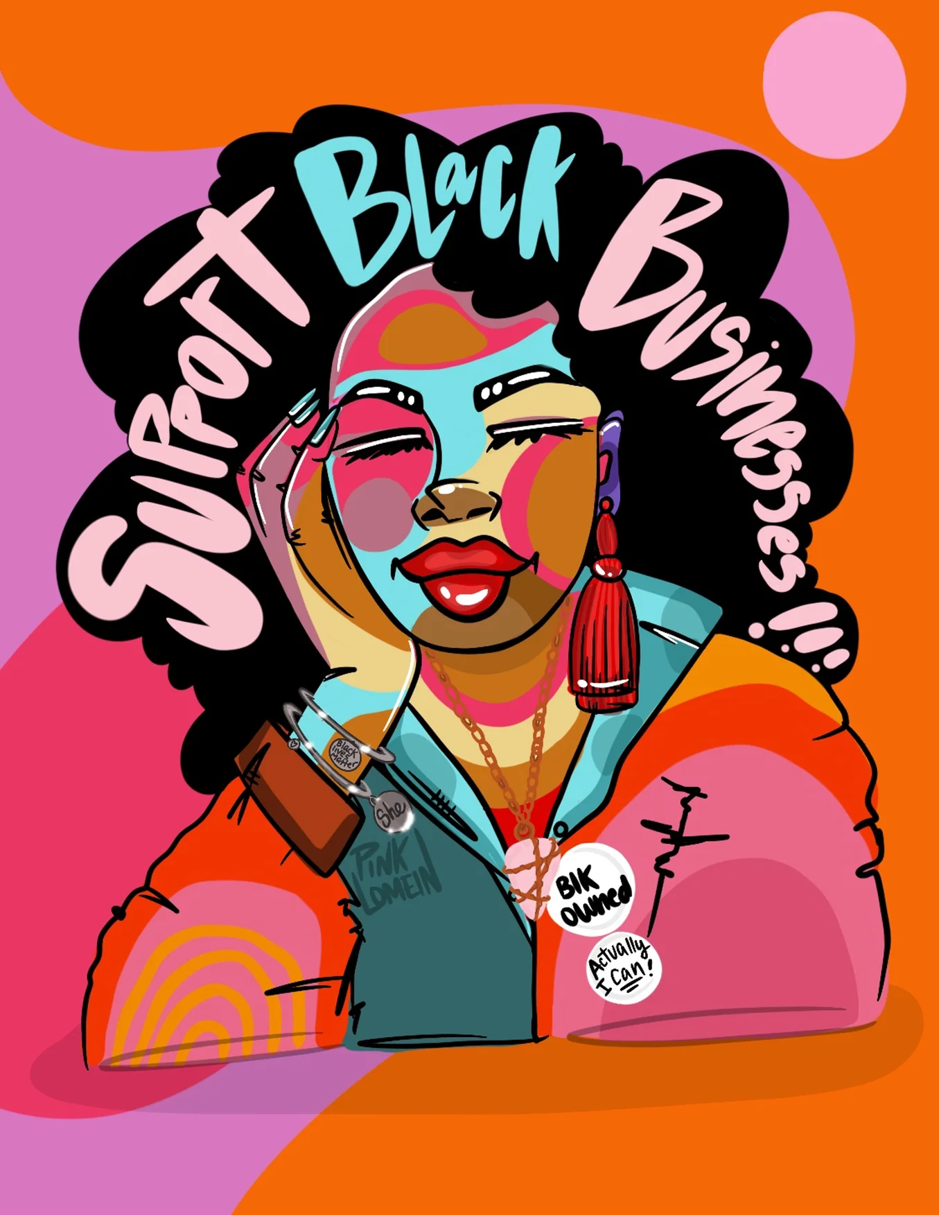 An illustration of a Black woman with the phrase "Support Black Businesses" written on her hair.