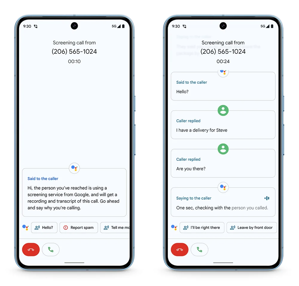 Two side-by side images of a Pixel 8 with the new Call Screen feature on-screen.