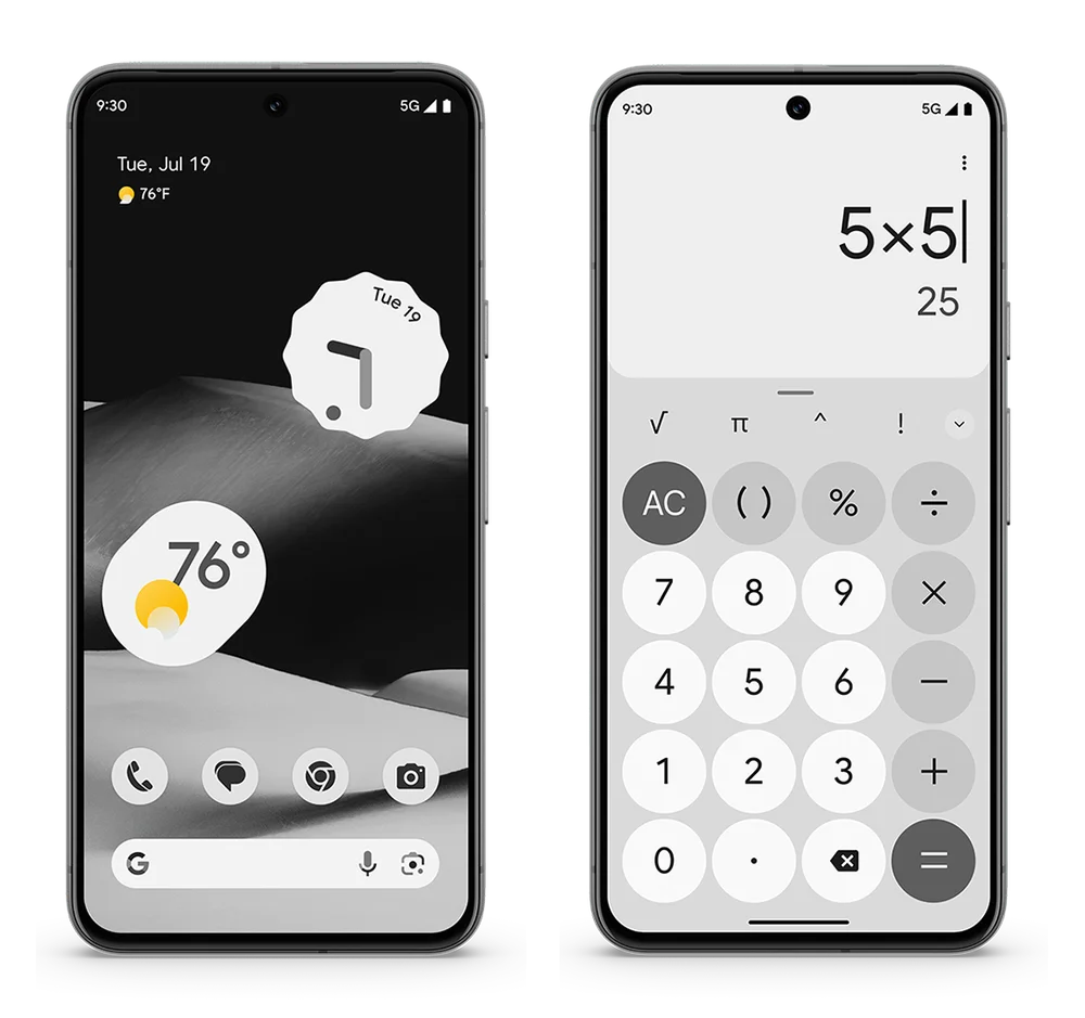 Two side-by-side images of Pixel 8 with the new monochrome theme; the first image is a lock screen and the second is a calculator.