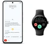 Two side-by-side images of Pixel 8 and Pixel Watch 2. The first image is a Pixel 8 using the updated Call Screen feature with suggested replies and the second is a Pixel Watch 2 with Call Screen.
