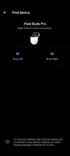 A screenshot from a Pixel phone showing the find device feature in the Pixel Buds Pro app.