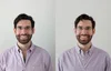 A side-by-side showing a headshot-style photo taken with a Pixel and with a professional camera.