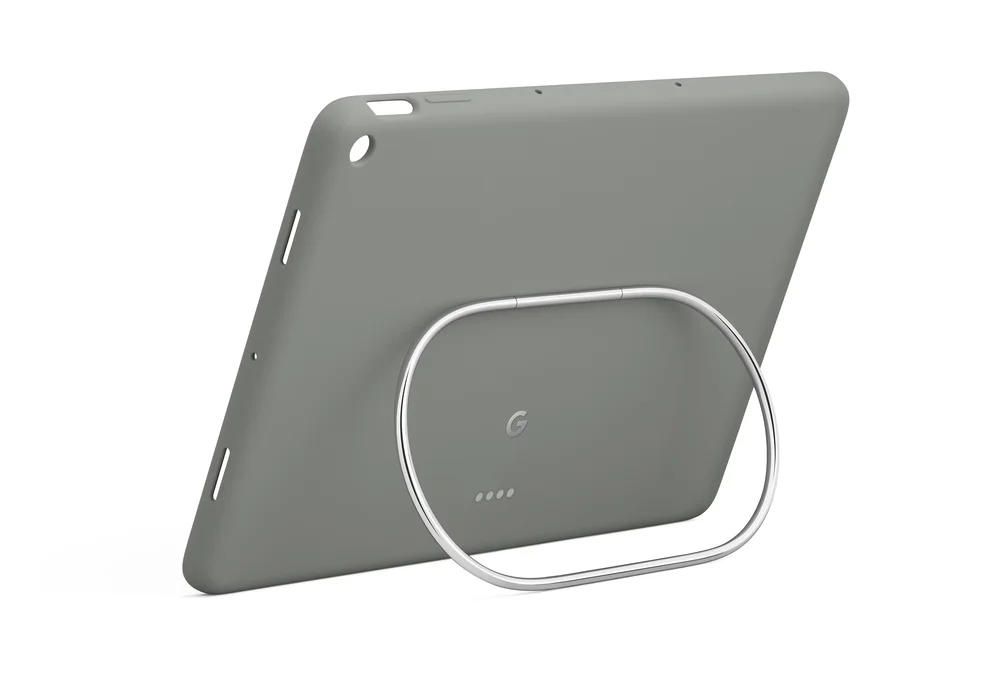 Close-up image of a Pixel Tablet case using the polished metal ring in the color Hazel.