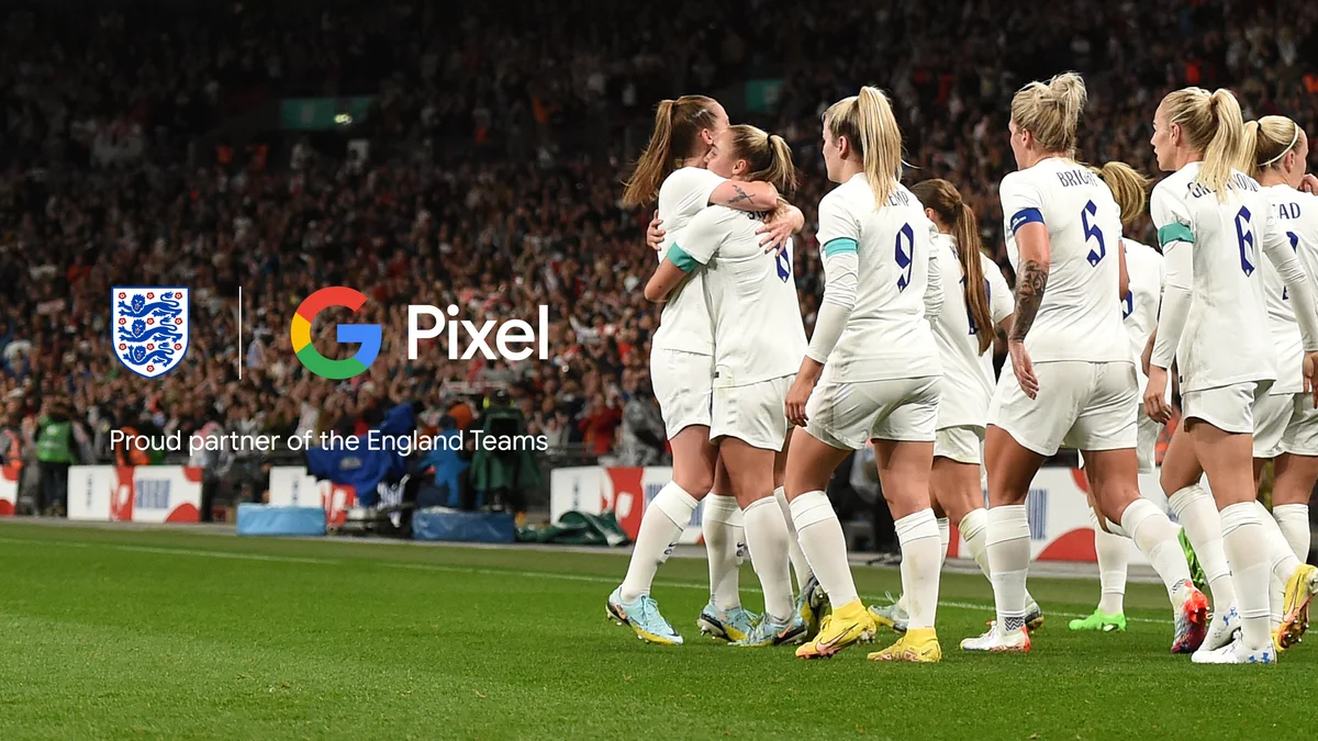 An image of a football field with a huddle of female football players (the Lionesses) with an England football logo and Google Pixel logo over the photograph