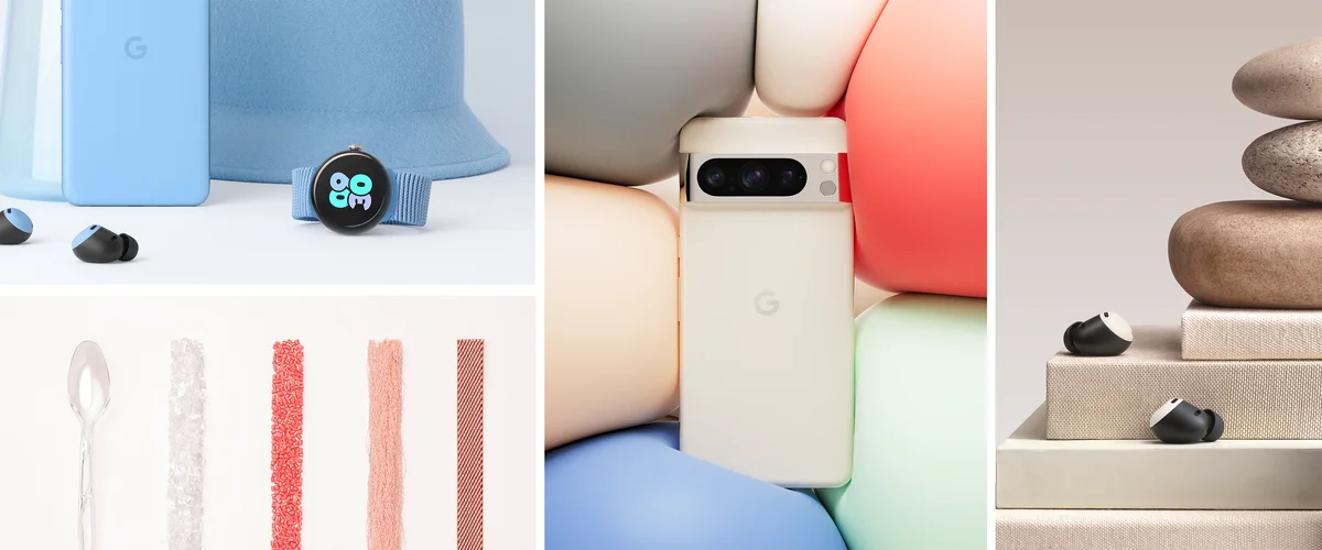 collage of Pixel products next to different design illustrations — the Pixel Watch 2 sits next to other blue objects; the Watch band is next to various pink-hued objects. Pixel Buds 2 are next to beige objects. The Pixel 8 Pro is surrounded by various bl