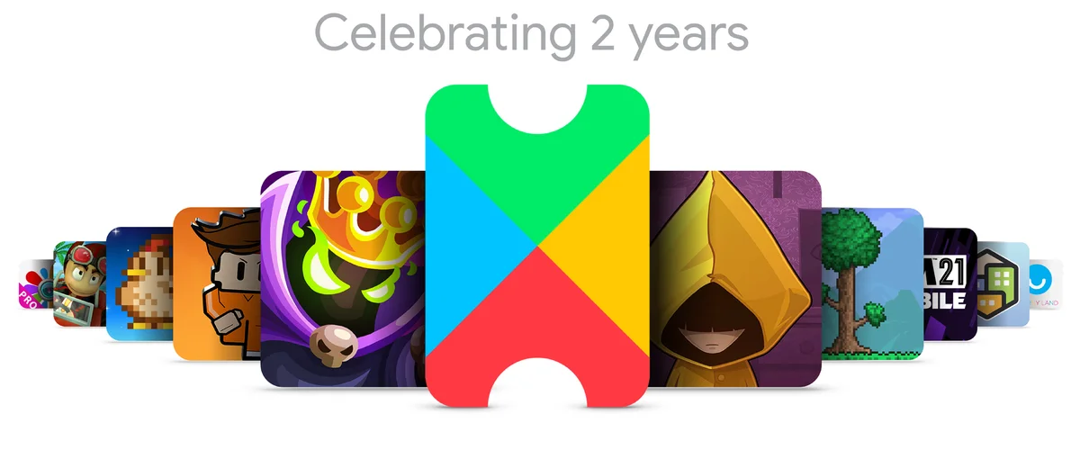 Google Play Pass logo with 10 mobile game titles surrounding it: Very Little Nightmares, Beach Buggy Racing, Stardew Valley, Football Manager 2021 Mobile, Photo Studio PRO, Terraria, Pocket City, King Rush Vengeance – Tower Defense Game, The Escapists 2: