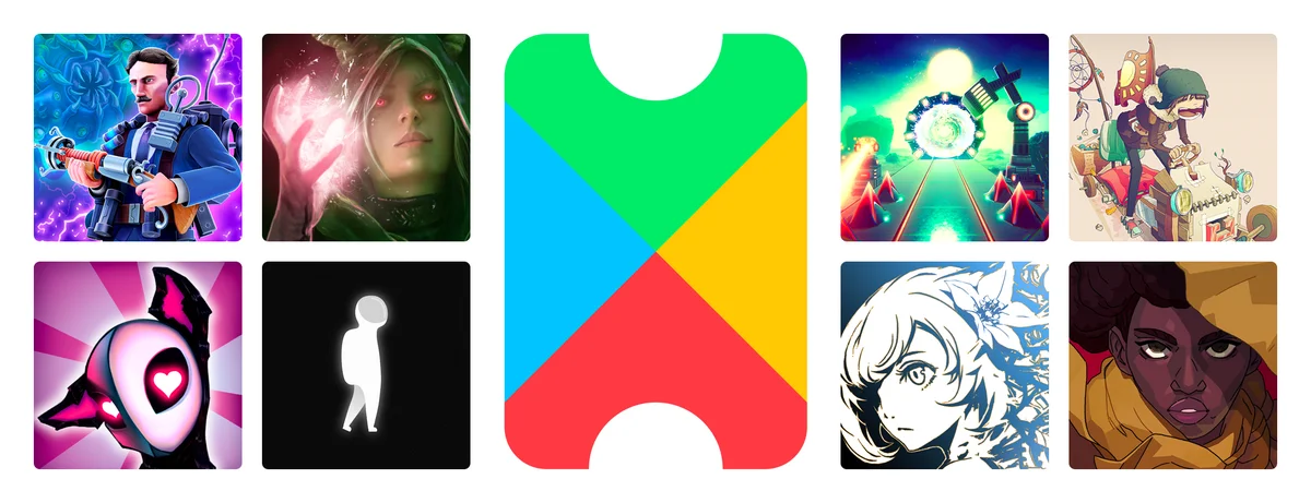 Google Play Pass logo with 8 mobile game titles surrounding it.