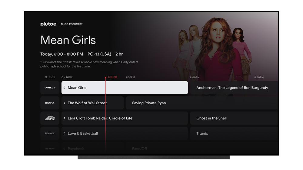 TV showing the Google TV Live Tab with integrated Pluto TV linear channels