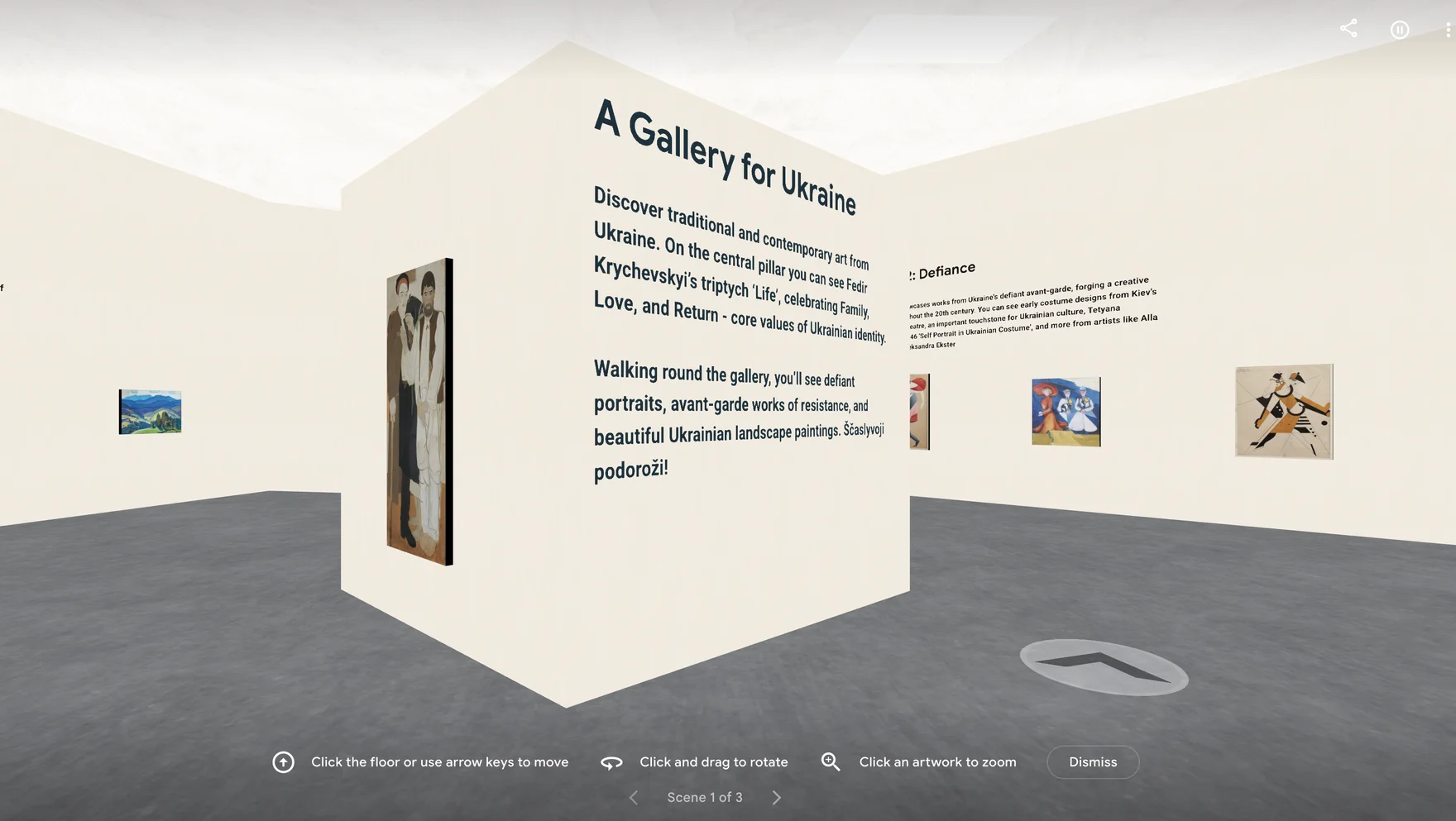 A screenshot of a virtual, or pocket gallery, with several artworks on the walls.