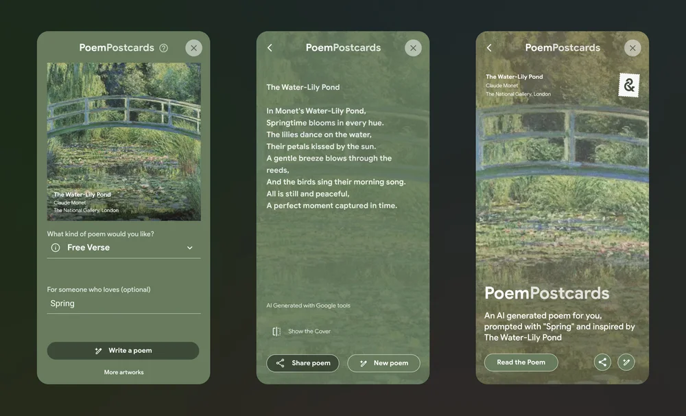 Écrans présentant une œuvre d'art et un poème inspiré de l'œuvre d'art