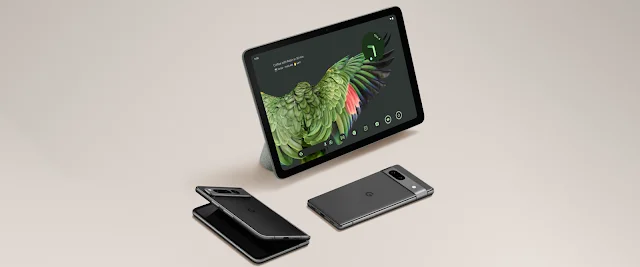 Google Pixel 7a、Google Pixel Fold、Google Pixel Tablet の画像。