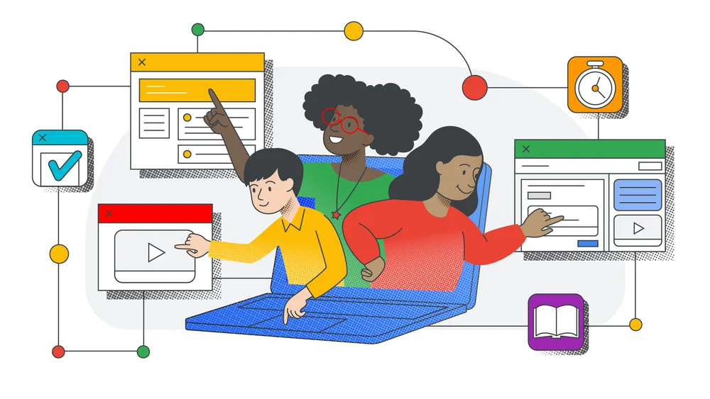 Illustration of three children emerging from a laptop screen and pointing toward floating laptop screens of different colors, all connected by lines and dots