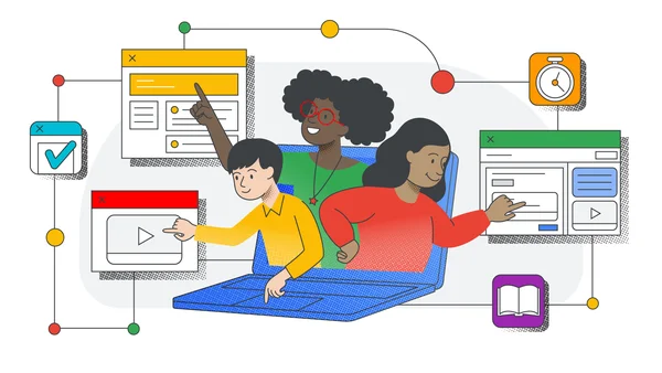 A colorful illustration of students and a teacher reaching out of a Chromebook and using Classroom tools