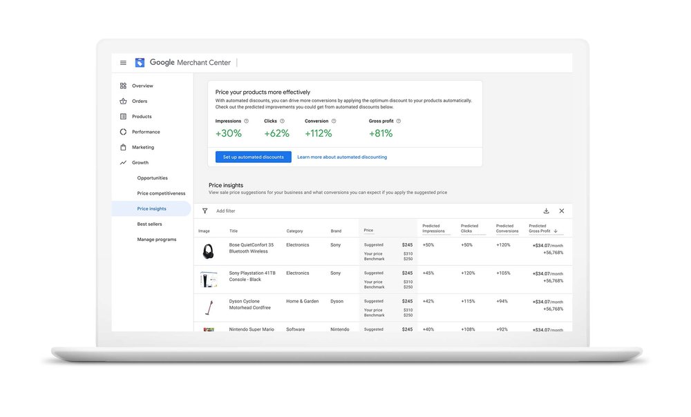 Laptop screen shows the price insights tool within Google Merchant Center, which includes suggestions for how to price products more effectively.