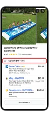 A phone shows a product page for a watersports slide. The product’s typical price is circled in red.