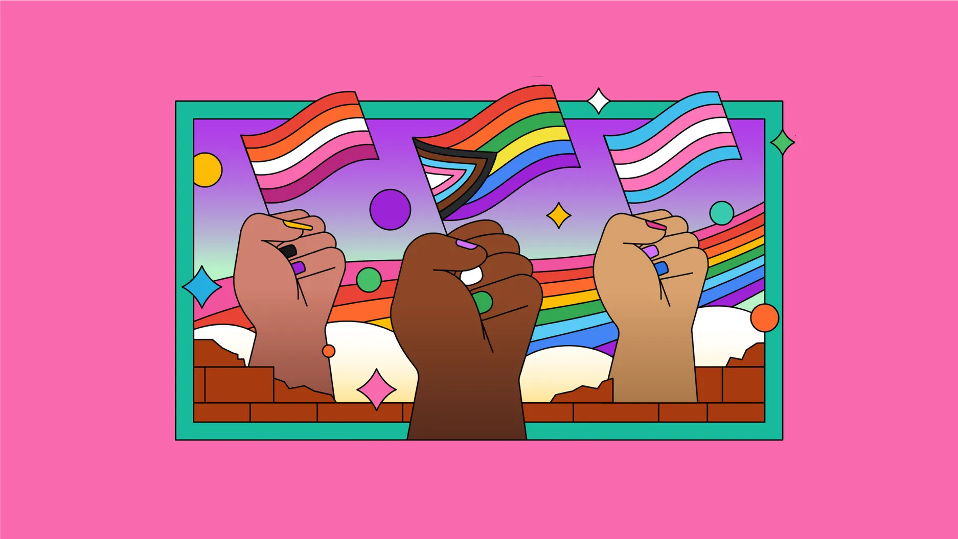 an illustration of hands holding flags with a rainbow behind them