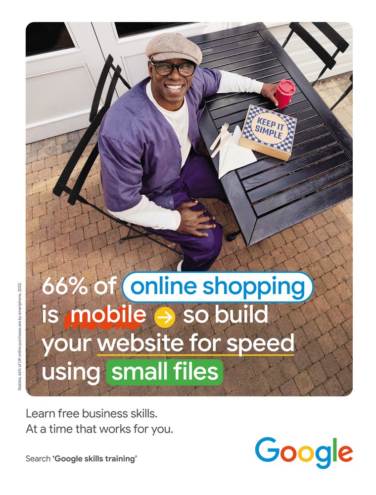 Image showing man sitting at a table with advice overlaid about how 66% of shopping is done on mobile, so websites should be built for speed.
