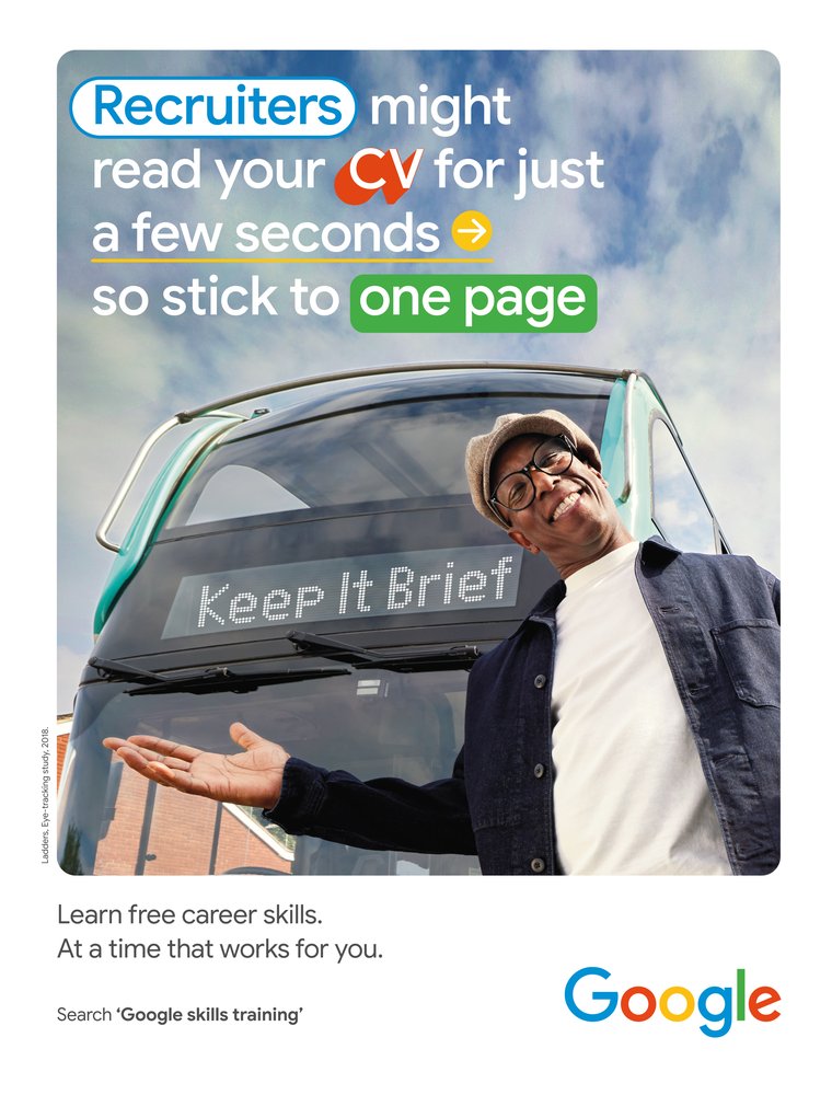 Image shows man in front of bus with advice about keeping your CV brief overlaid