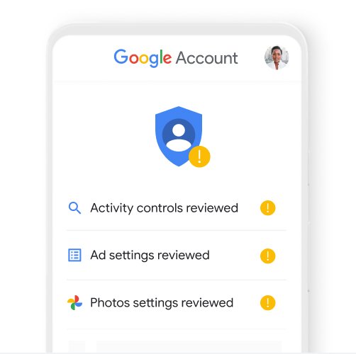 An image of a mobile phone showing a privacy check up on a user’s Google profile