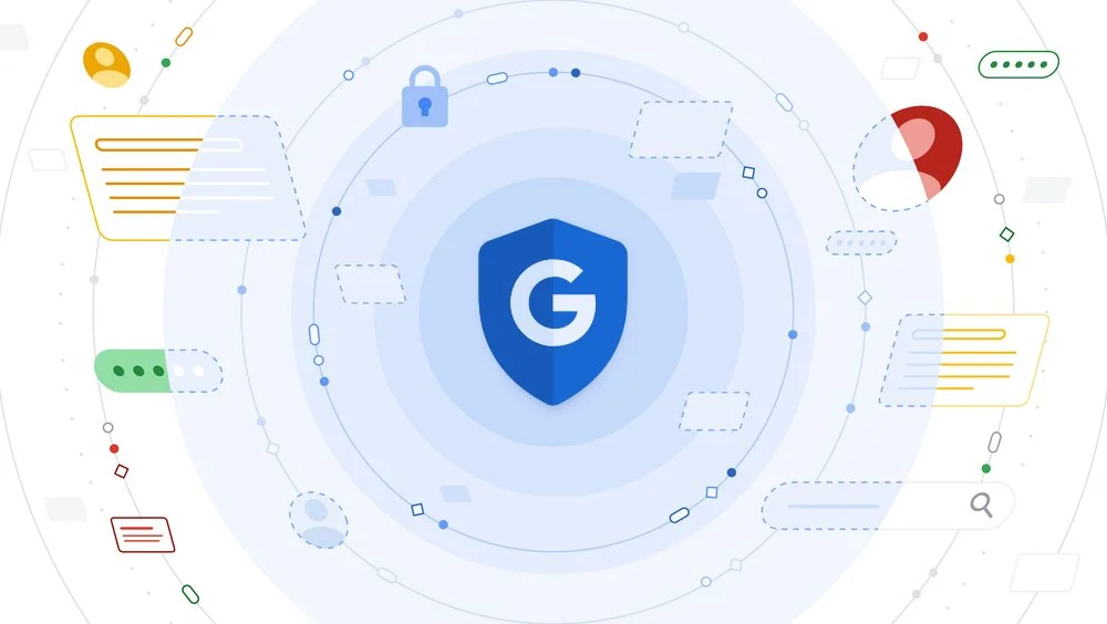 A horizontal image showing icons related to privacy, with a blue shield with a G on it in the middle