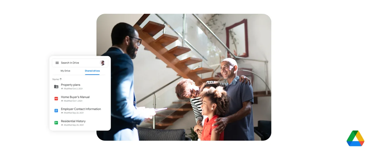 Photo of a family with various Google Drive features floating around them.