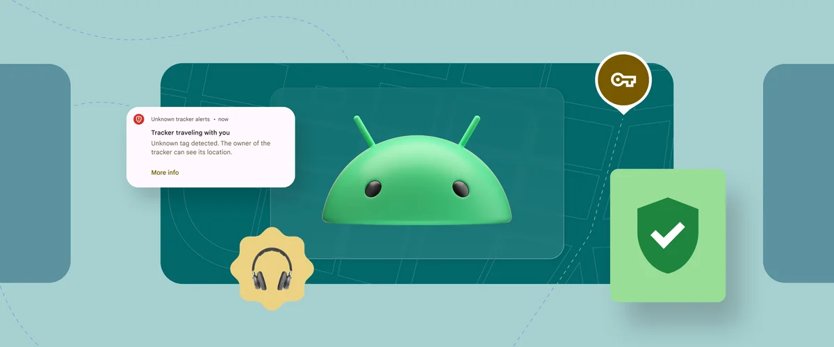 Android no centro de uma colagem de ícones indicando segurança, fones de ouvido e chaves, bem como uma notificação dizendo “rastreador viajando com você”.