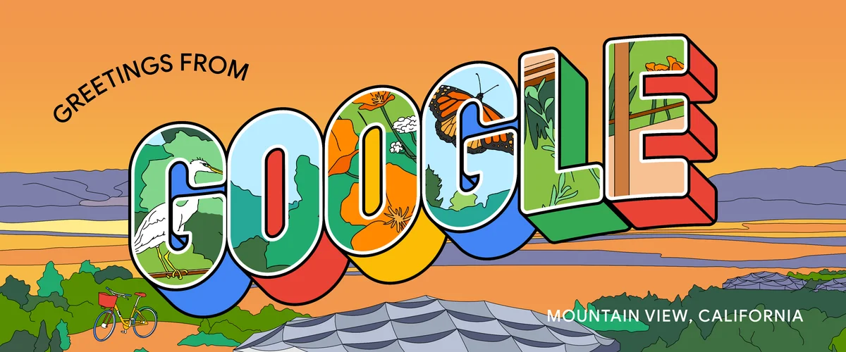 Postcard-like illustration that says, “Greetings from Google, Mountain View, California.”