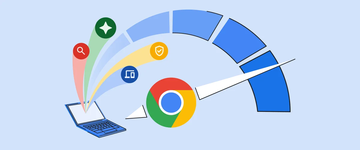 Abstract illustration of a laptop computer with a Chrome logo depicting an increased boost in performance on a gauge.