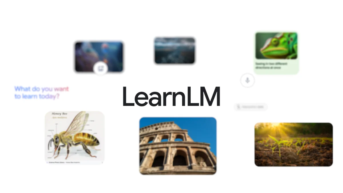 Text saying “LearnLM” surrounded by a diverse set of images, including a honey bee, the Colosseum and plants in sunlight