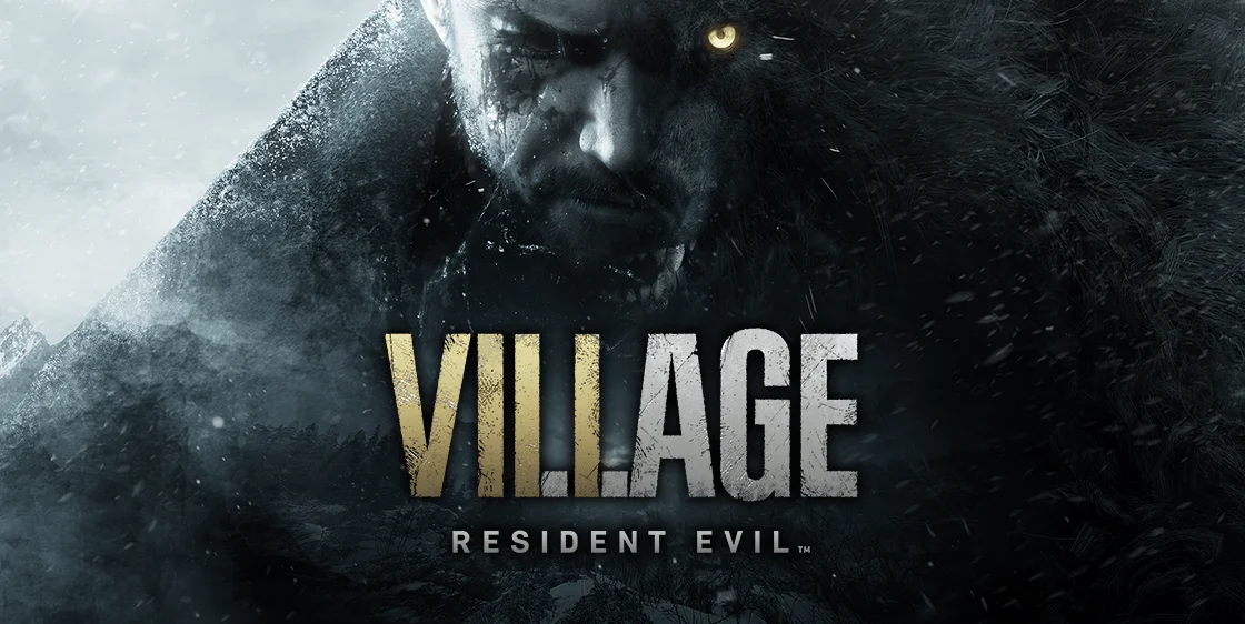 A black image shows a dark face and shadowy figure with silver and gold letters spelling out Resident Evil Village.