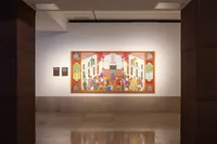 Colourful artwork framed and displayed in a well-lit gallery setting. The artwork depicts an indoor scene with multiple people in front of  a retractable mural as it is lowered.