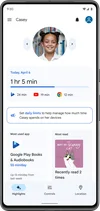 A Pixel phone displays the “Highlights” tab in the Family Link app, which shows information about  a child named Casey — including her “Most used app” and “Most read” book.