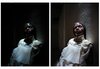 Two photographs side by side, of the same image: A Black woman in a white dress standing against a wall. The first photo is much darker and it is difficult to see the woman. The second photo is brighter, the lighting reveals her face, her hair and the wall behind her more vividly.