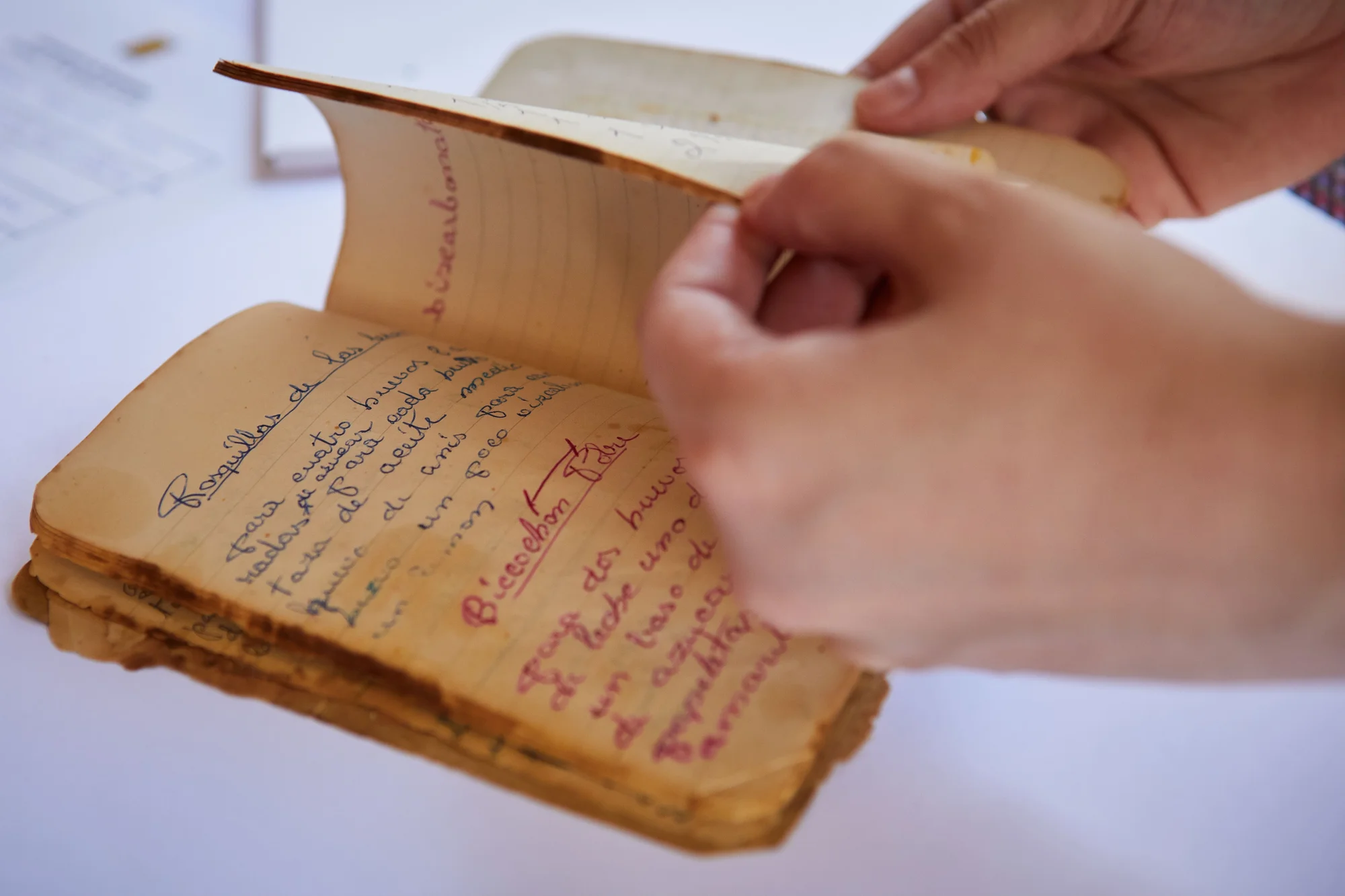 Photograph of hands holding a handwritten notebook with recipes. A page is being turned.