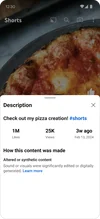 A mobile YouTube Shorts screen displaying a pizza video with a label in the expanded description stating "Altered or synthetic content: Sound or visuals were significantly edited or digitally generated."