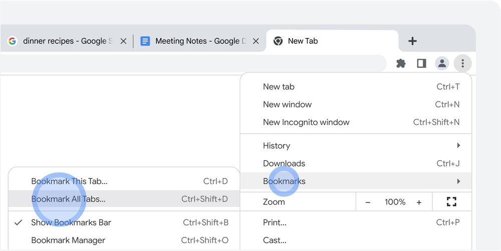 Image of Google Chrome's bookmark all tabs feature with blue spotlights on "Bookmarks" and "Bookmark All Tabs"