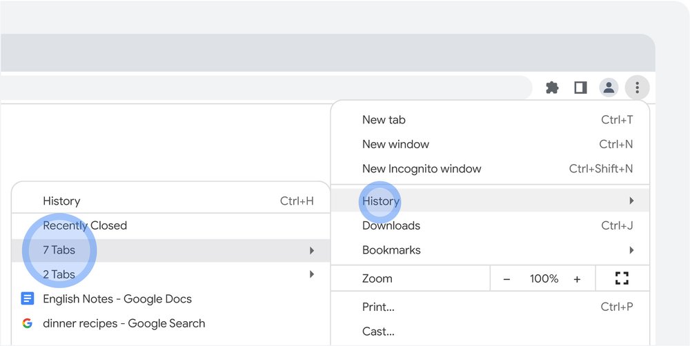 Image of the restore window function in Google Chrome with blue spotlights on "History" and the "7 Tabs" window option