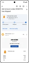 An image of a package tracking email on a phone, showing a card that shows that the package has been placed, shipped and delivered. Below that tracker it shows links to “view order” and “view return policy”.