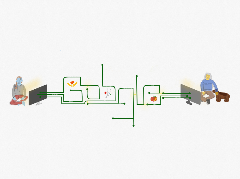 Google logo as wires to laptops that two people are using.